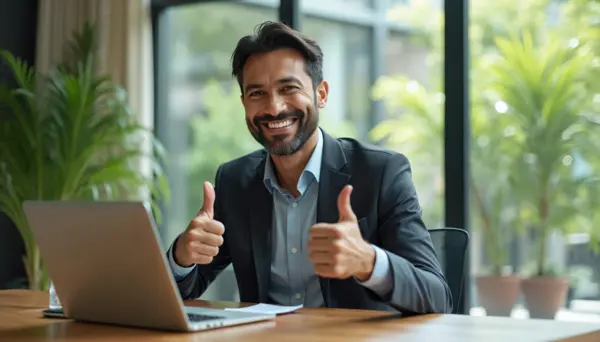 Wouter, coach en trainer, zit achter bureau met laptop en geeft twee duimen omhoog. Hij draagt donker blazer en lichtblauw overhemd. Achter hem groene planten en grote ramen met uitzicht op groen. Hij lacht zelfverzekerd naar camera.