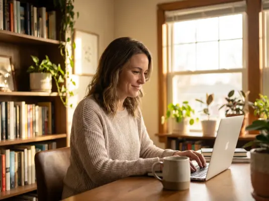 Vrouw in beige trui werkt aan laptop aan houten bureau met koffiekopje, boekenkasten en potplanten op achtergrond