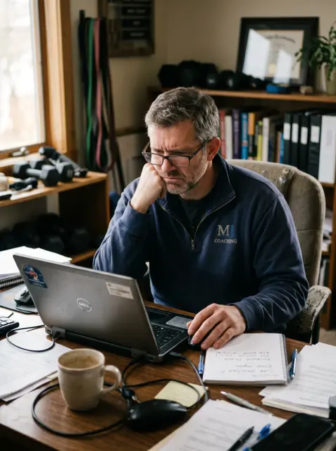 Coach met zorgelijke uitdrukking concentreert zich op laptopscherm met dashboard, koffie en papieren op houten bureau
