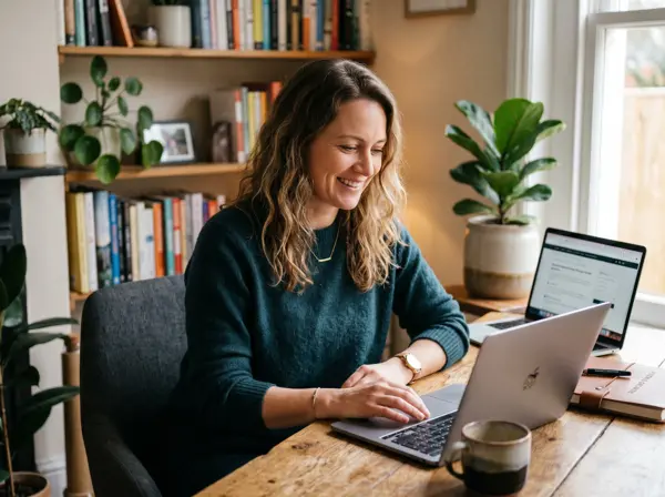 Vrouw met golvend bruin haar zit aan houten bureau met laptop, glimlachend naar scherm. Op achtergrond boekenplank en groene planten. Thuiskantoor met professionele sfeer.