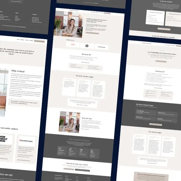 Meerdere webpagina-mockups van Praktijk Mama Mentaal met vrouw aan bureau, tekstsecties en contactformulieren in beige en donkerblauwe kleuren.