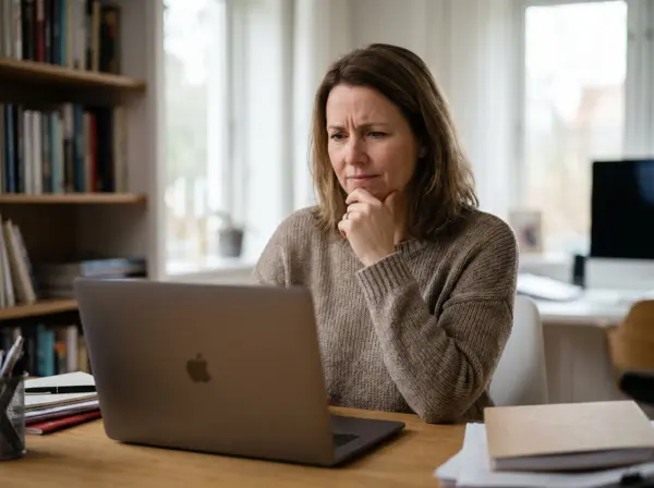 Vrouw in grijze trui zit aan houten bureau met laptop, hand aan kin, nadenkende blik naar scherm gericht in huiskantoor met boekenkasten